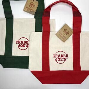 LOT Set of 2 — Trader Joe’s Grocery Canvas MINI Tote Bag — Green + Red NWT! NEW!